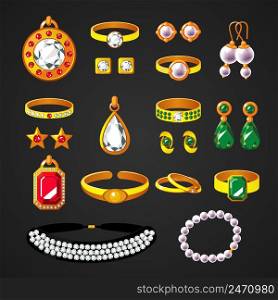 Colorful jewelry accessories icons set of rings earrings bracelets necklaces with different gems isolated vector illustration . Colorful Jewelry Accessories Icons Set
