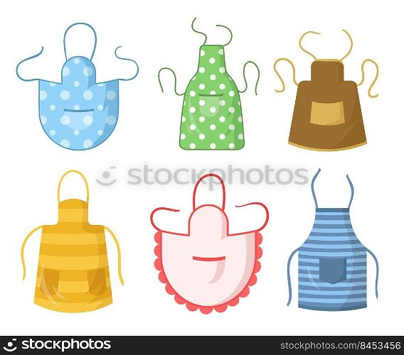 Colorful kitchen aprons set. Protective clothing with pattern collection design. Flat vector illustration. Restaurant chef or housewife cooking dress concept 