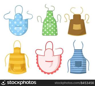 Colorful kitchen aprons set. Protective clothing with pattern collection design. Flat vector illustration. Restaurant chef or housewife cooking dress concept 