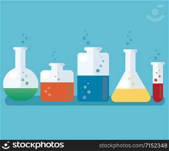 colorful laboratory filled with a clear liquid and blue background