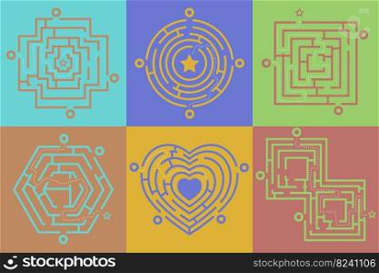 Colorful labyrinth of different shapes cartoon illustration set. Heart, square, oval and round maze, puzzle or riddle for finding right way, exit or direction. Mental game, conundrum concept
