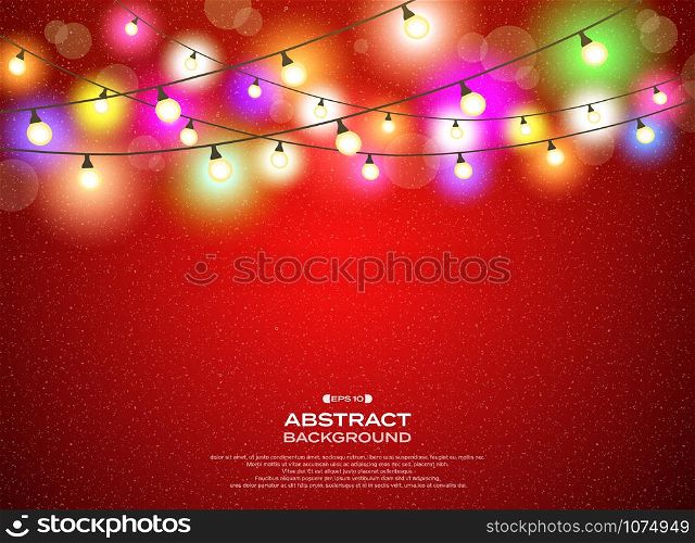 Colorful lamps decoration on gradient red christmas background, vector eps10