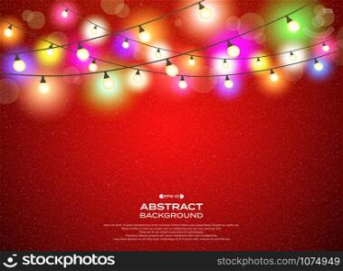 Colorful lamps decoration on gradient red christmas background, vector eps10