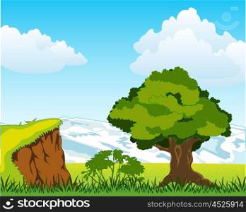 Colorful landscape of the snow mountains and glade with tree. Landscape with mountain and tree
