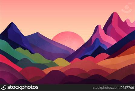 Colorful landscape with colorful mountains and sun in minimalist style.