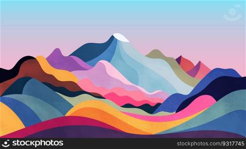 Colorful landscape with colorful mountains, hills and fields. 