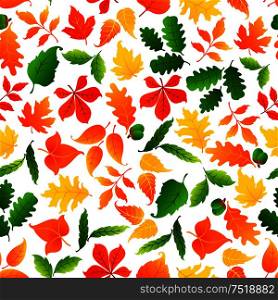 Colorful leaves seamless pattern background. Autumn foliage wallpaper with vector elements of maple, birch, aspen, elm, poplar. Color leaves seamless pattern background
