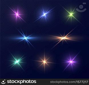 Colorful lens flares set, bright glares with rays. Collection of magic sparks, retro neon lights isolated on a dark background. Transparent vector outburst effect, Christmas decoration.. Colorful lens flares set, bright glares with rays. Collection of magic sparks, retro neon light