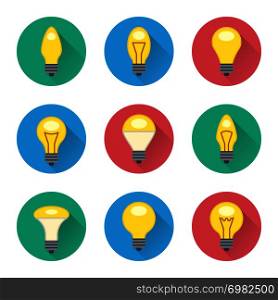 Colorful light bulbs flat icons set. Collection lamp idea in color round. Vector illustration. Colorful light bulbs flat icons set