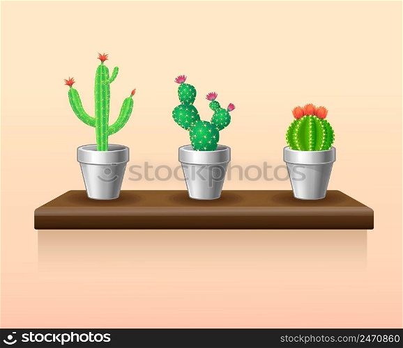 Colorful light houseplants set with green cactuses in flowerpots standing on table isolated vector illustration. Colorful Light Houseplants Set