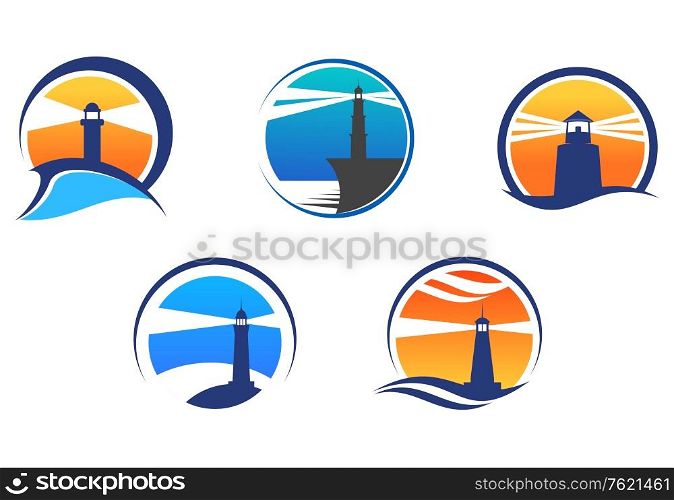 Colorful lighthouse symbols set isolated on white background for any navigation concept