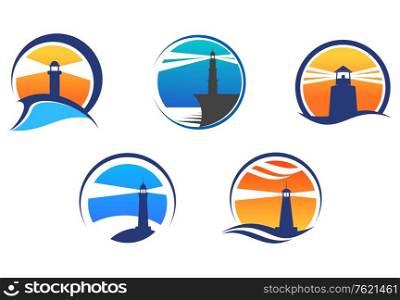 Colorful lighthouse symbols set isolated on white background for any navigation concept