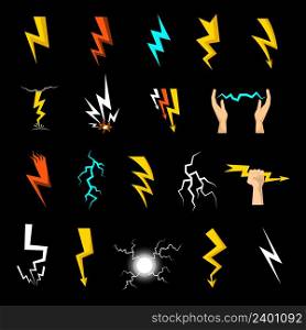 Colorful lightnings of different shape flat icons set isolated on black background vector illustration. Lightning Icons Set