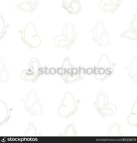 Colorful line art butterfly flying seamless pattern. Butterflies insects continuous one line drawing. Vector isolated on white. 