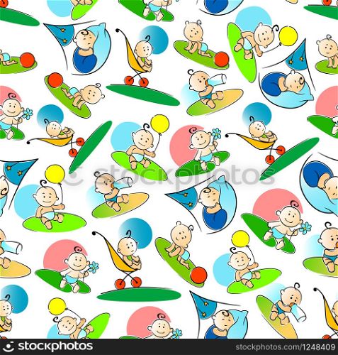 Colorful little boys activities seamless pattern with sketches of eating, sleeping, sitting, playing, crawling, and walking babies. Baby shower invitation background or childish wallpaper design