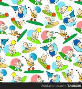 Colorful little boys activities seamless pattern with sketches of eating, sleeping, sitting, playing, crawling, and walking babies. Baby shower invitation background or childish wallpaper design