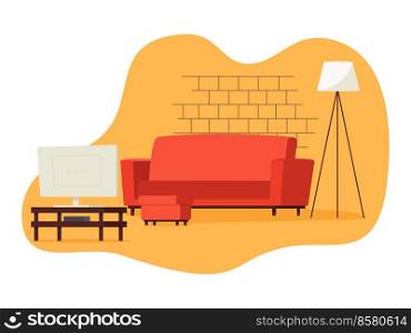 Colorful living room with sofa, tv and footstool. Padded stool. Flat vector illustration.. Colorful living room with sofa, tv and footstool. Padded stool. Flat vector illustration