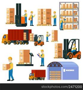 Colorful logistic warehouse set with storage workers in different situations truck and forklift isolated vector illustration. Colorful Logistic Warehouse Set