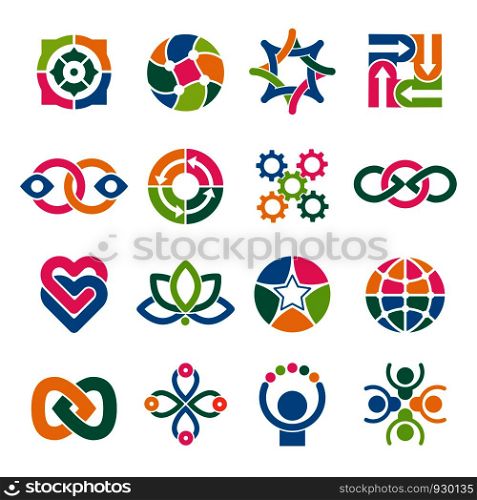 Colorful logo template. Associates integrated alliance round vector abstract shapes for business or creative logotypes. Creativity logotype multicolor, corporate and trendy emblem illustration. Colorful logo template. Associates integrated alliance round vector abstract shapes for business or creative logotypes