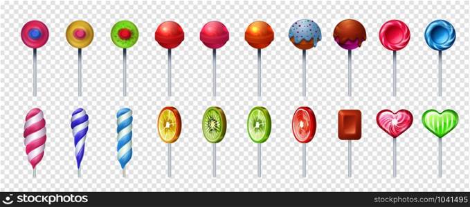 Colorful lollipop set. Round and spiral sweet lolly candies. Sugar food on stick for holiday icon. Vector illustration realistic lollipops with sour fruit citrus taste. Colorful lollipop set. Round and spiral sweet lolly candies. Sugar food on stick. Vector realistic lollipops