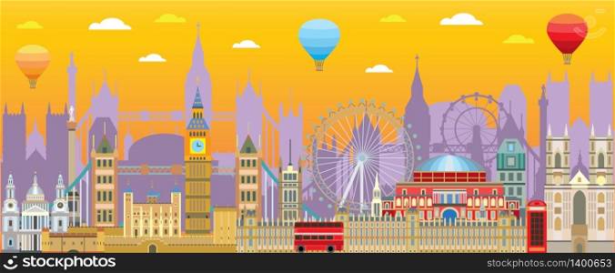 Colorful London skyline travel illustration. Design with isolated London city landmarks and lettering, english tourism and journey vector background for print, t-shirt, souvenirs. Worldwide traveling concept.