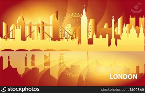 Colorful London skyline travel illustration with reflection. Worldwide traveling concept. London city landmarks, gradient english tourism and journey vector background.