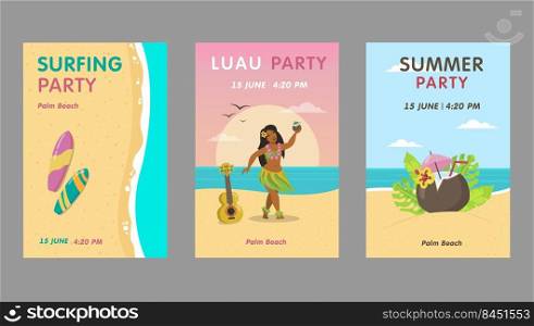 Colorful luau party invitation design set. Bright Hawaiian resort event invitations with text. Hawaii vacation and summer concept. Template for leaflet, banner or flyer
