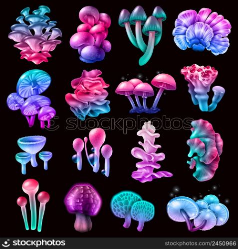 Colorful magic mushrooms of different shape with sparkles, bubbles, droplets, collection on black background isolated vector illustration. Colorful Magic Mushrooms Collection