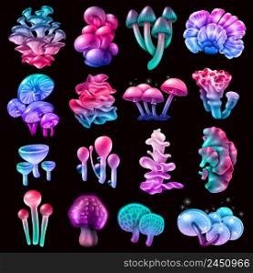 Colorful magic mushrooms of different shape with sparkles, bubbles, droplets, collection on black background isolated vector illustration. Colorful Magic Mushrooms Collection