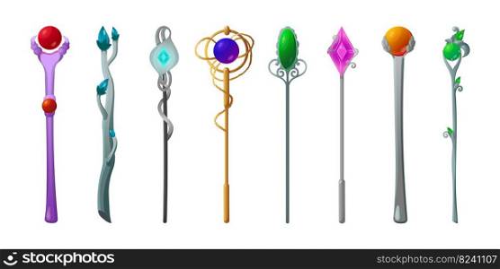 Colorful magic wands for wizards cartoon illustration set. Metal magicians walking sticks with crystals for games, app interface. Staff and equipment for witches. Fantasy, fairy tale, sorcery concept