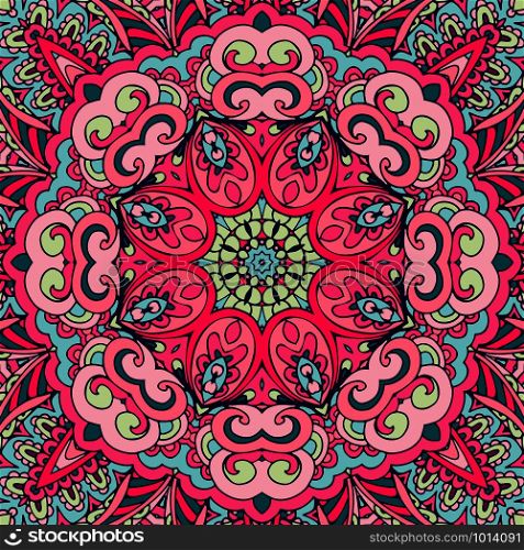 Colorful mandala flower doodle background. Decorative colored ornamental hand drawn pattern. Oriental flourish colorful mandala flower vector. Yoga background template .