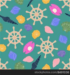 Colorful marine undersea elements. Hand drawn sea shell , colorful shells with captain s rudder flat. Cartoon clam, oyster and scallop shells, conches of mollusk and sea snail. Square seamless Pattern