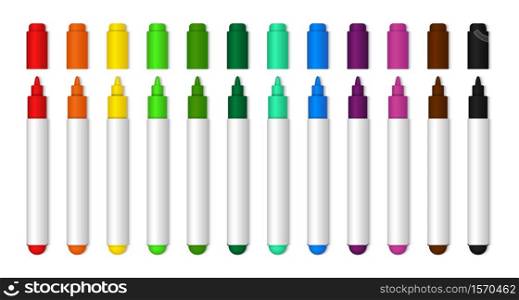 Colorful marker pen for school or kids. Realistic highlighter pencil of yellow, black, green, blue, orange color for drawing. Stationery closed markers collection isolated. vector. Colorful marker pen for school or kids. Realistic highlighter pencil of yellow, black, green, blue, orange color for drawing. Stationery closed markers collection isolated. vector.