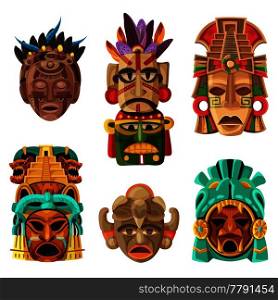Colorful mayan mask cartoon set with native  ethnicity tribal and religious decorative elements isolated vector illustration. Mayan Mask Cartoon Set