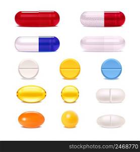 Colorful medicine pills and capsules realistic set isolated on white background vector illustration . Medicine Pills Realistic Set