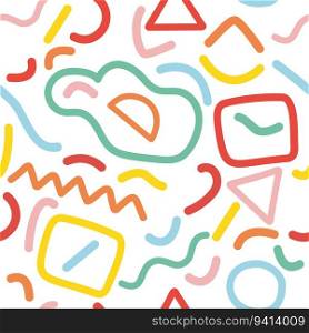 Colorful memphis seamless pattern. Creative minimalist trendy design with basic shapes. Stock vector doodle lines illustration on white background.. Colorful memphis seamless pattern. Creative minimalist trendy design with basic shapes.
