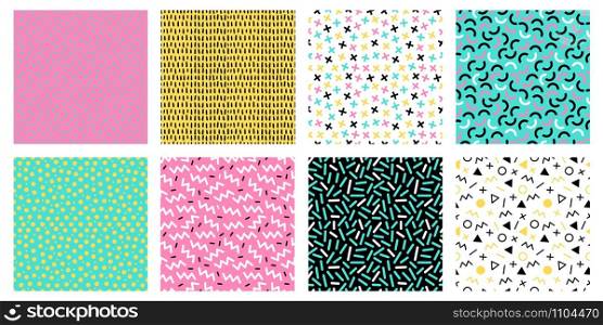 Colorful memphis seamless patterns. Fashion 80s mosaic texture, color retro textures and geometric lines and dots pattern. 90s hipster memphis wallpaper. Isolated vector icons set. Colorful memphis seamless patterns. Fashion 80s mosaic texture, color retro textures and geometric lines and dots pattern vector set