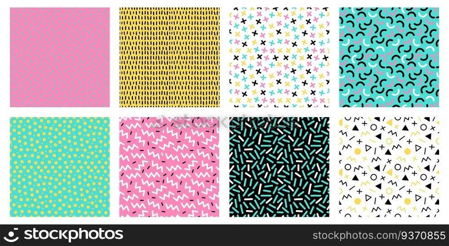 Colorful memphis seamless patterns. Fashion 80s mosaic texture, color retro textures and geometric lines and dots pattern. 90s hipster memphis wallpaper. Isolated vector icons set. Colorful memphis seamless patterns. Fashion 80s mosaic texture, color retro textures and geometric lines and dots pattern vector set