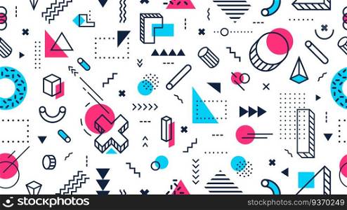 Colorful memphis style seamless pattern. Abstract geometric shapes, funky modern design and 80s memphis style. Math ornament banner or 90s pop geonetric vector background. Colorful memphis style seamless pattern. Abstract geometric shapes, funky modern design and 80s memphis style vector background