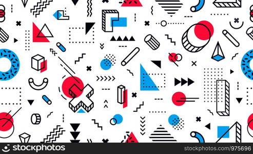 Colorful memphis style seamless pattern. Abstract geometric shapes, funky modern design and 80s memphis style. Math ornament banner or 90s pop geonetric vector background. Colorful memphis style seamless pattern. Abstract geometric shapes, funky modern design and 80s memphis style vector background