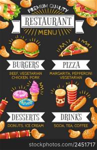Colorful menu of fast food restaurant with burgers pizza desserts and drinks on black background flat vector illustration. Fast Food Restaurant Menu