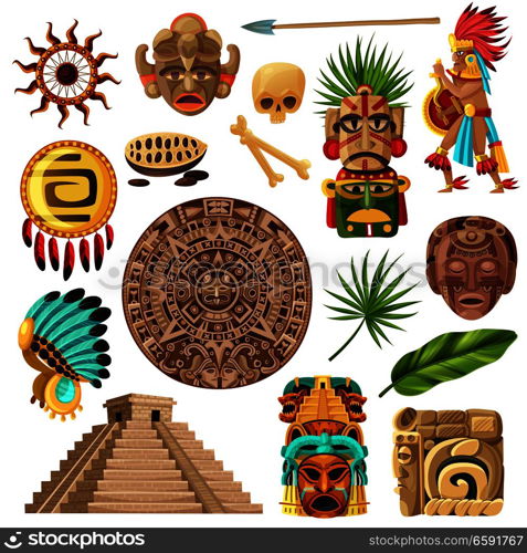 Colorful mexican decorative icons et with with symbols of traditional mayan culture history and religion isolated cartoon vector illustration. Mayan Traditional Cartoon Set