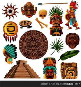 Colorful mexican decorative icons et with with symbols of traditional mayan culture history and religion isolated cartoon vector illustration. Mayan Traditional Cartoon Set