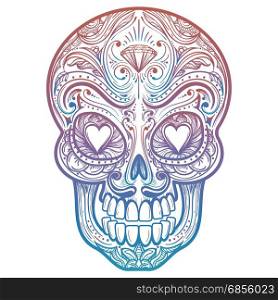 Colorful mexican decorative skull tattoo. Colorful mexican decorative skull tattoo on white background. Vector illustration