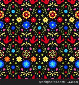 Colorful mexican flowers, leaves and birds on dark background. Traditional seamless pattern for fiesta party. Floral folk art design from Mexico. Mexican folklore ornament. Colorful mexican flowers, leaves and birds on dark background. Traditional seamless pattern for fiesta party. Floral folk art design from Mexico. Mexican folklore ornament.