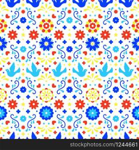 Colorful mexican flowers, leaves and birds on white background. Traditional seamless pattern for fiesta party. Floral folk art design from Mexico. Mexican folklore ornament. Colorful mexican flowers, leaves and birds on white background. Traditional seamless pattern for fiesta party. Floral folk art design from Mexico. Mexican folklore ornament.
