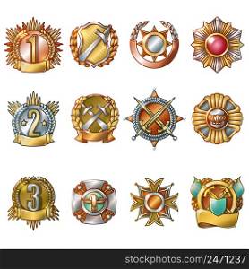 Colorful military awards collection of medals and badges of different shapes in cartoon style isolated vector illustration. Colorful Military Awards Collection
