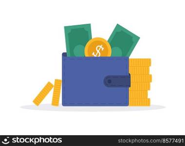 Colorful money wallet or purse full of banknotes and golden coins. Creative financial concept of wealth, rich or savings. Simple trendy cute cartoon object vector illustration. Flat Style graphic design icon.
