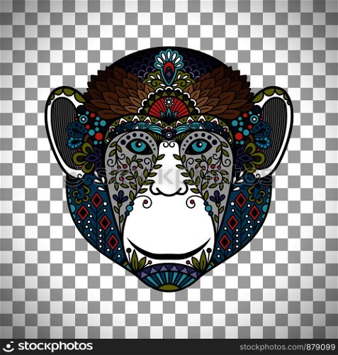 Colorful monkey head totem with ethnic ornament. Hipster monkey head poster isolated on transparent background. Monkey head totem with ethnic ornament