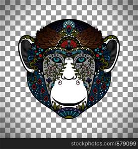 Colorful monkey head totem with ethnic ornament. Hipster monkey head poster isolated on transparent background. Monkey head totem with ethnic ornament